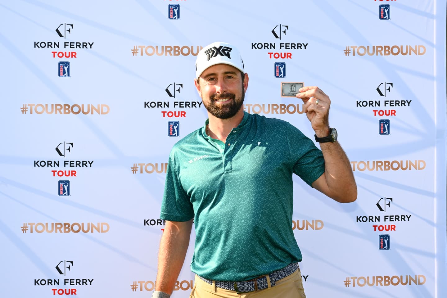 Cristobal Del Solar poses with his TOUR card during the final round of the Korn Ferry Tour Championship