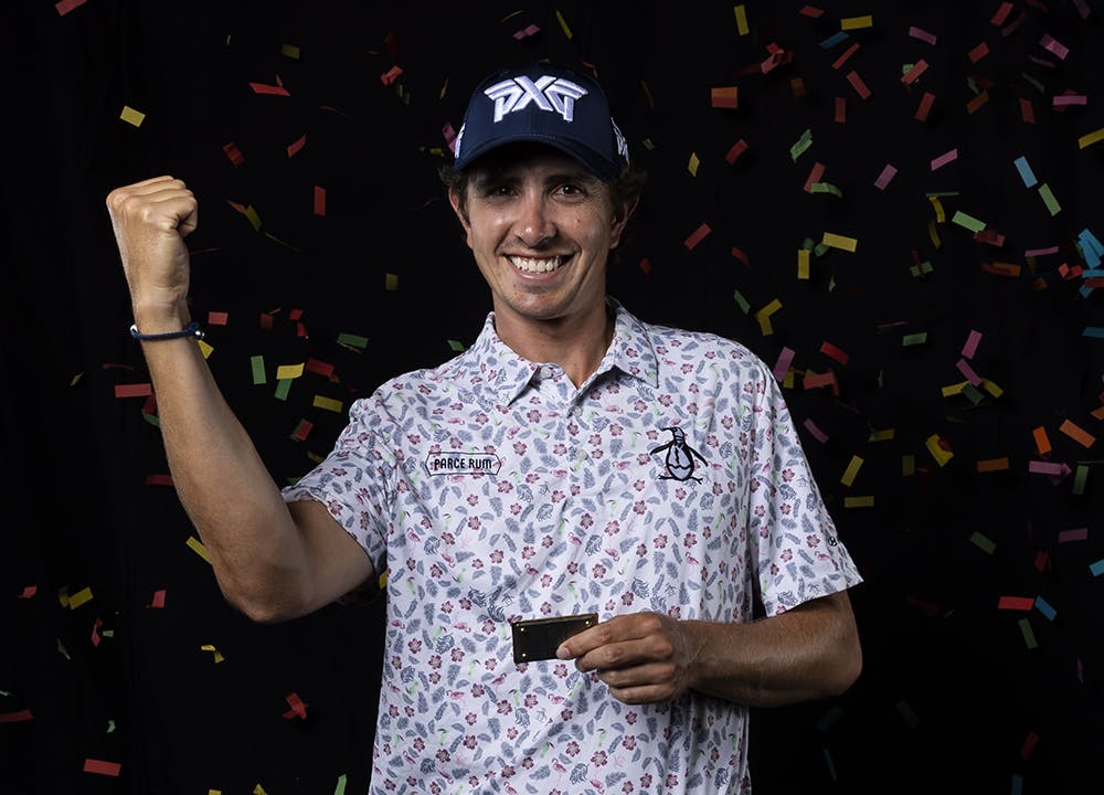 NEWBURGH, INDIANA - SEPTEMBER 04: Nicolas Echavarria of Colombia poses for a photo with his PGA TOUR card after the final round of the Korn Ferry Tour Championship.