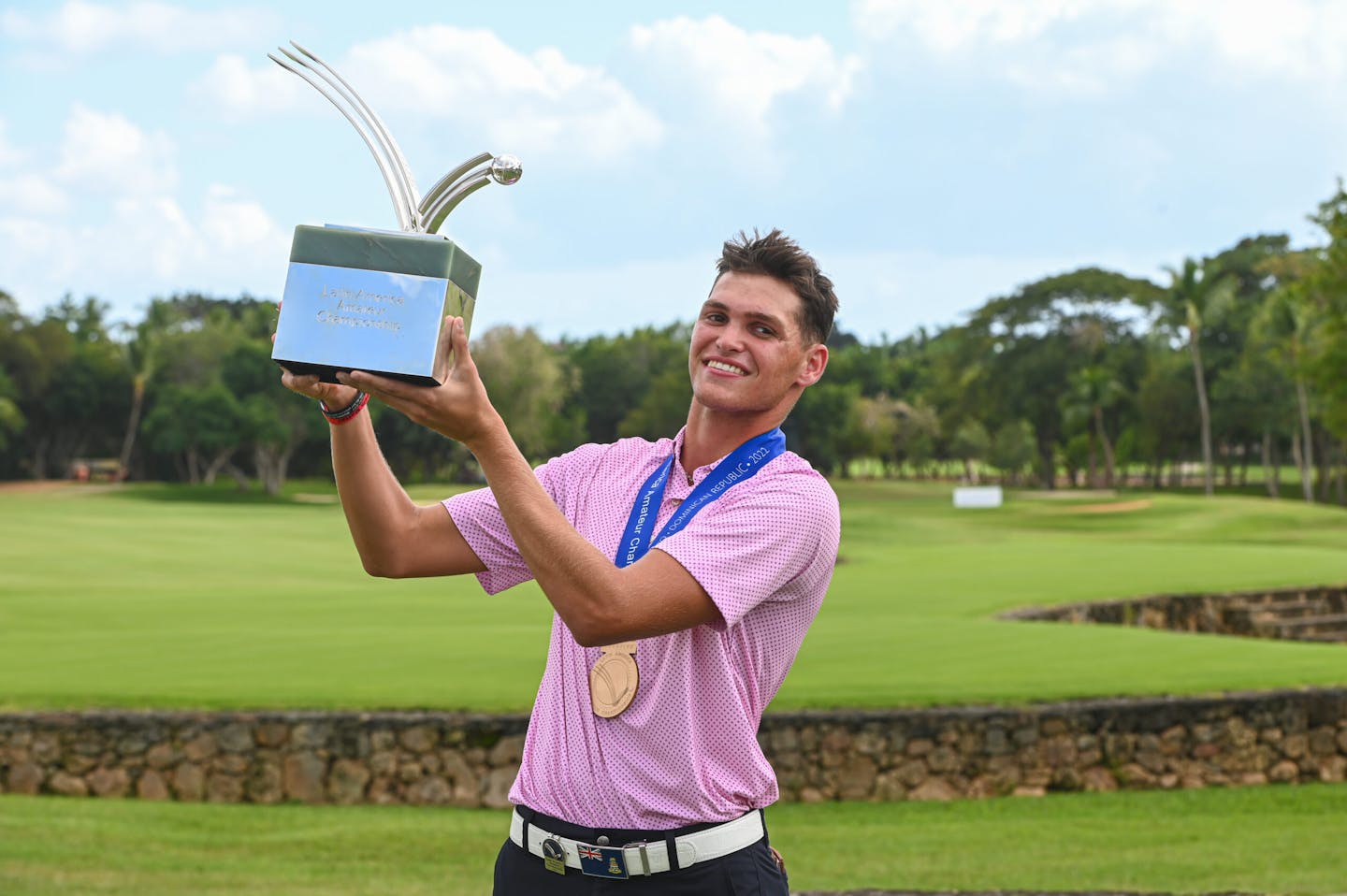 La Romana, DOMINICAN REPUBLIC: Aaron Jarvis of Cayman Islands pictured at the 2022 Latin America Amateur Championship at Casa de Campo Resort during Trophy Presentation on January 23rd, 2022.