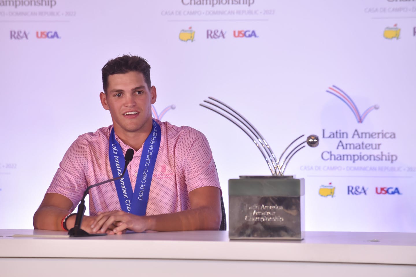 La Romana, DOMINICAN REPUBLIC: Aaron Jarvis of Cayman Islands pictured at the 2022 Latin America Amateur Championship at Casa de Campo Resort during Champion Press conference on January 23rd, 2022.